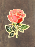 WILDSIDE pink rose flower enamel pin with green leaves and gold trim. Perfect accessory for jackets and bags.
