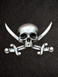 WILDSIDE silver metal pirate skull and crossbones pin with detailed skull and curved swords.