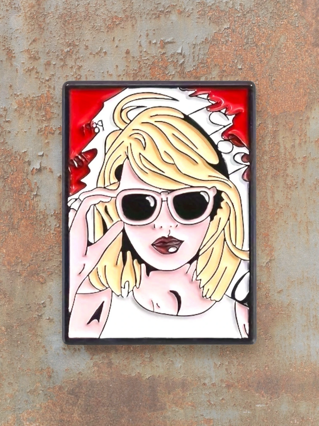 WILDSIDE PopArt pin featuring a blonde woman with sunglasses and red background.