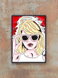 WILDSIDE PopArt pin featuring a blonde woman with sunglasses and red background.