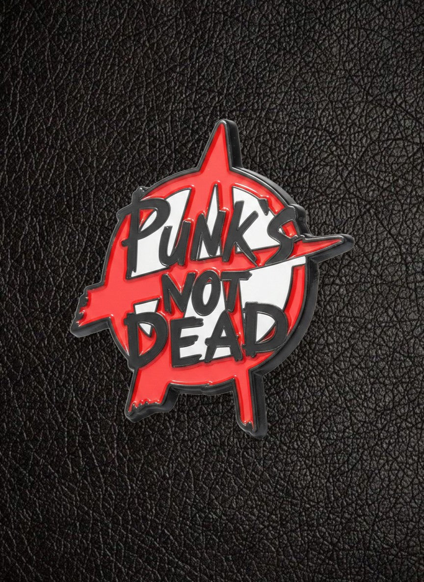 WILDSIDE red and black enamel pin with anarchy symbol and "Punk's Not Dead" text.