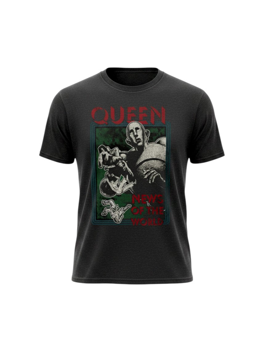 WILDSIDE black unisex cotton t-shirt featuring the iconic Queen News of the World album cover graphic on the front.