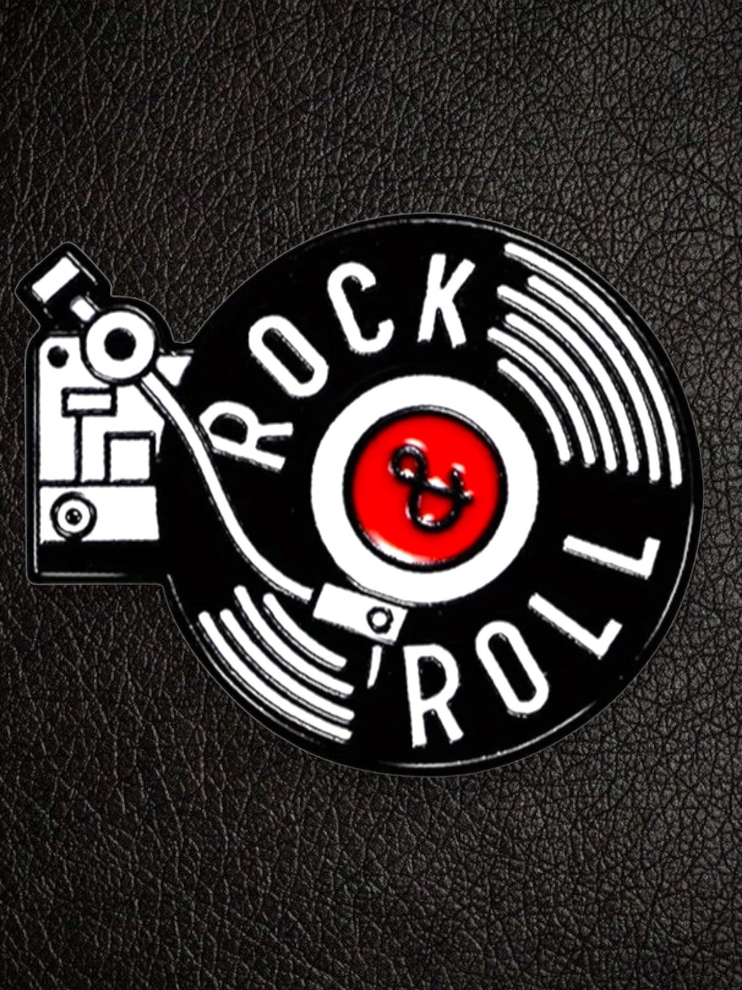 WILDSIDE Rock and Roll record player and vinyl enamel pin. Black, white, and red.
