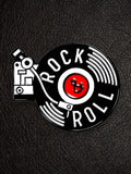 WILDSIDE Rock and Roll record player and vinyl enamel pin in black, white, and red.