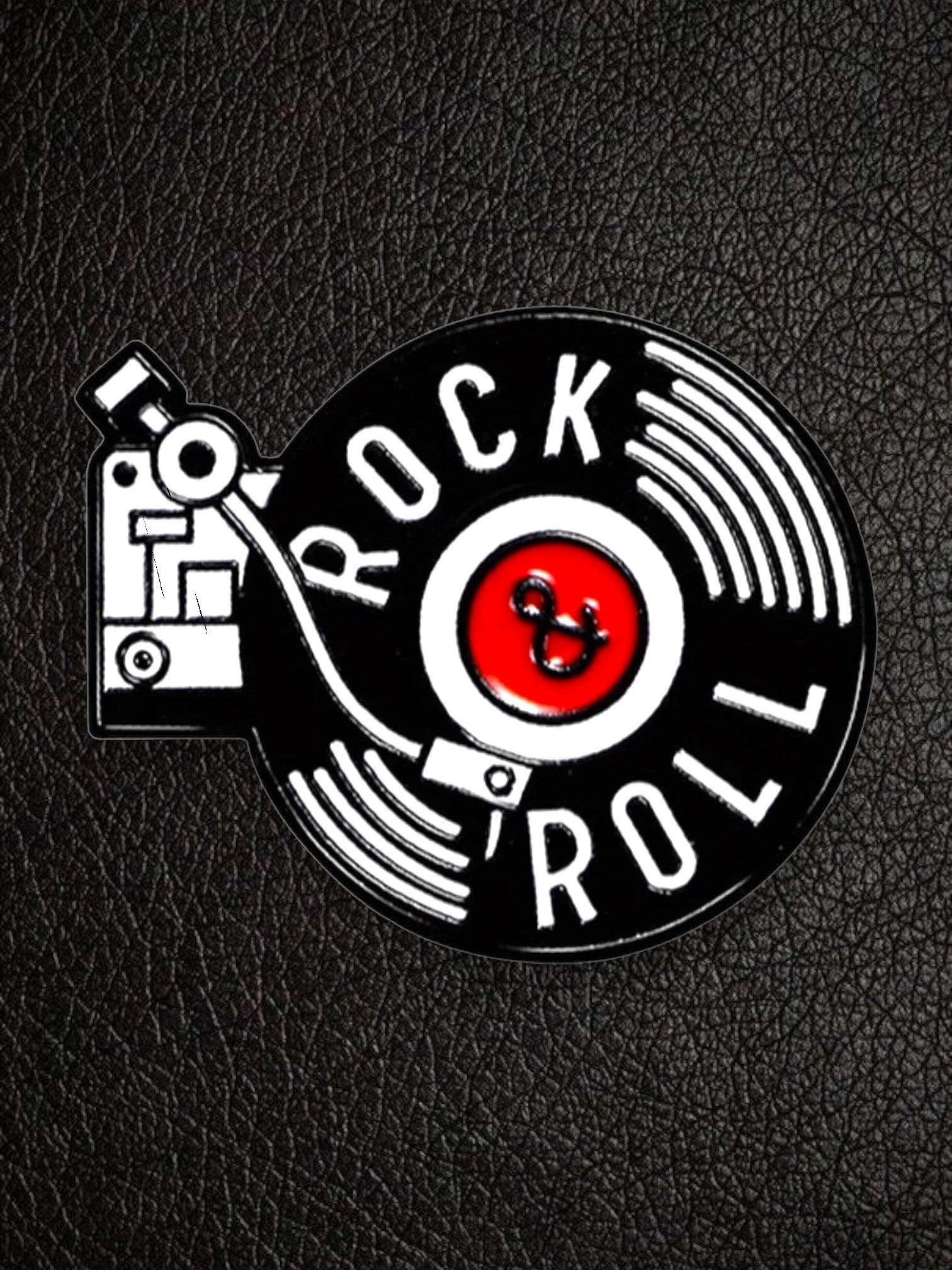 WILDSIDE Rock and Roll record player and vinyl enamel pin in black, white, and red.