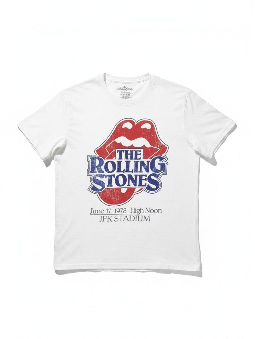 WILDSIDE white unisex cotton t-shirt featuring The Rolling Stones High Noon JFK Stadium graphic print on the front.