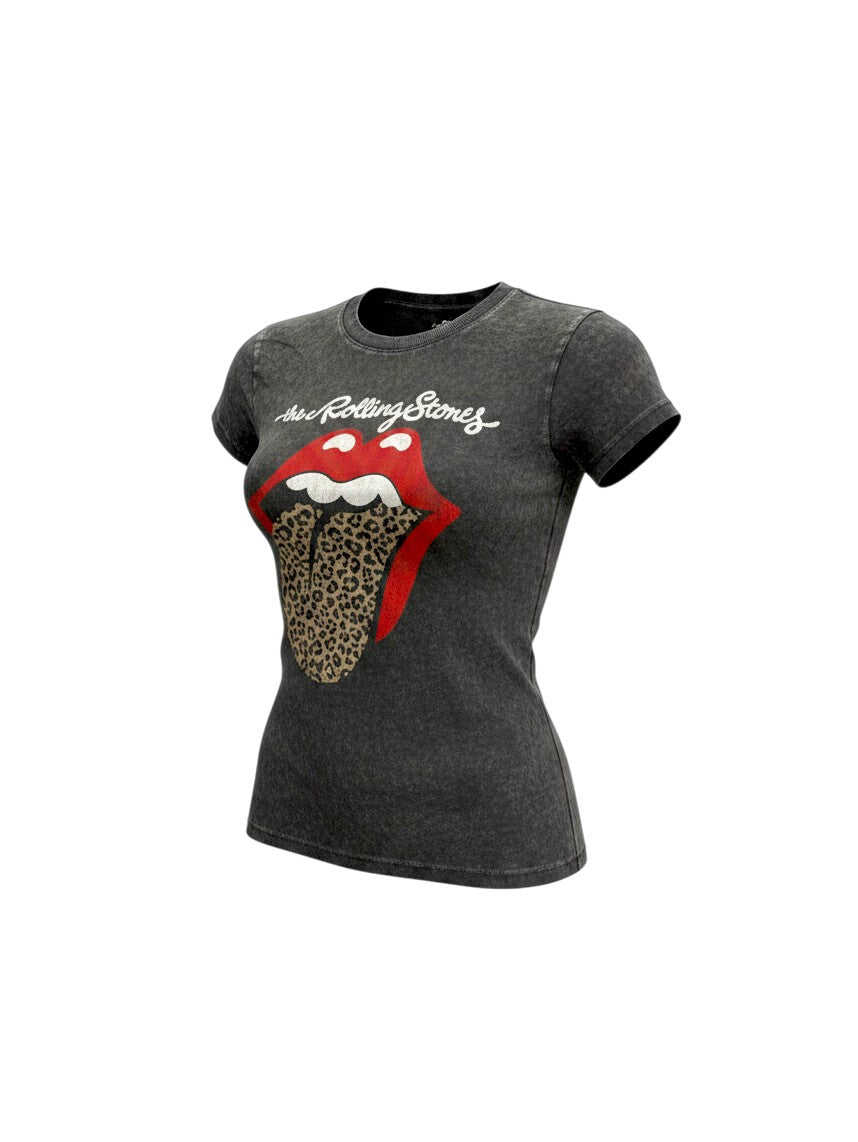 WILDSIDE black unisex Rolling Stones T-shirt with a leopard print tongue graphic and vintage dye wash finish.