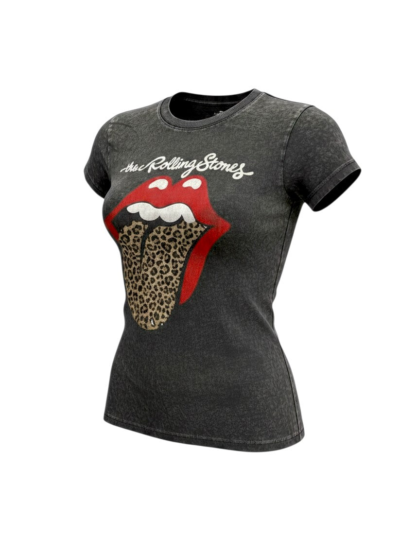WILDSIDE Rolling Stones black dye wash unisex t-shirt featuring the iconic leopard print tongue logo on the front.
