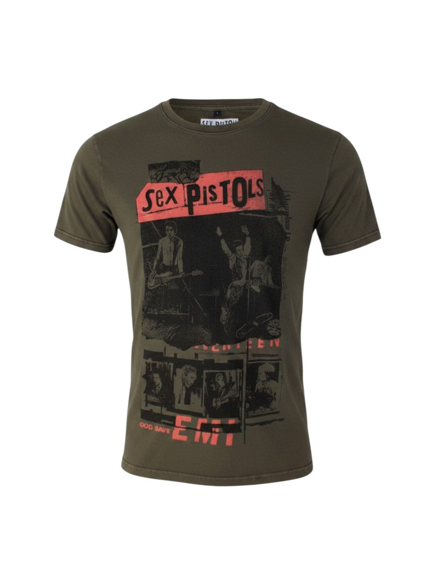 WILDSIDE green stone wash unisex cotton T-shirt featuring a Sex Pistols photo collage print on the front.