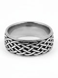 WILDSIDE silver braided ring crafted from polished 316L stainless steel with a detailed Celtic knot pattern.