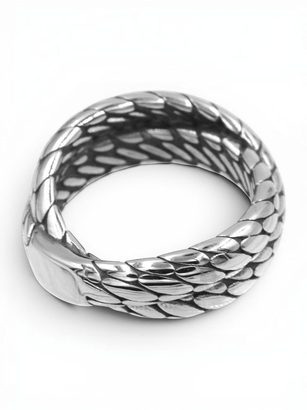 WILDSIDE silver-tone metal band ring featuring a detailed, intricate scale-like rope pattern and polished finish.