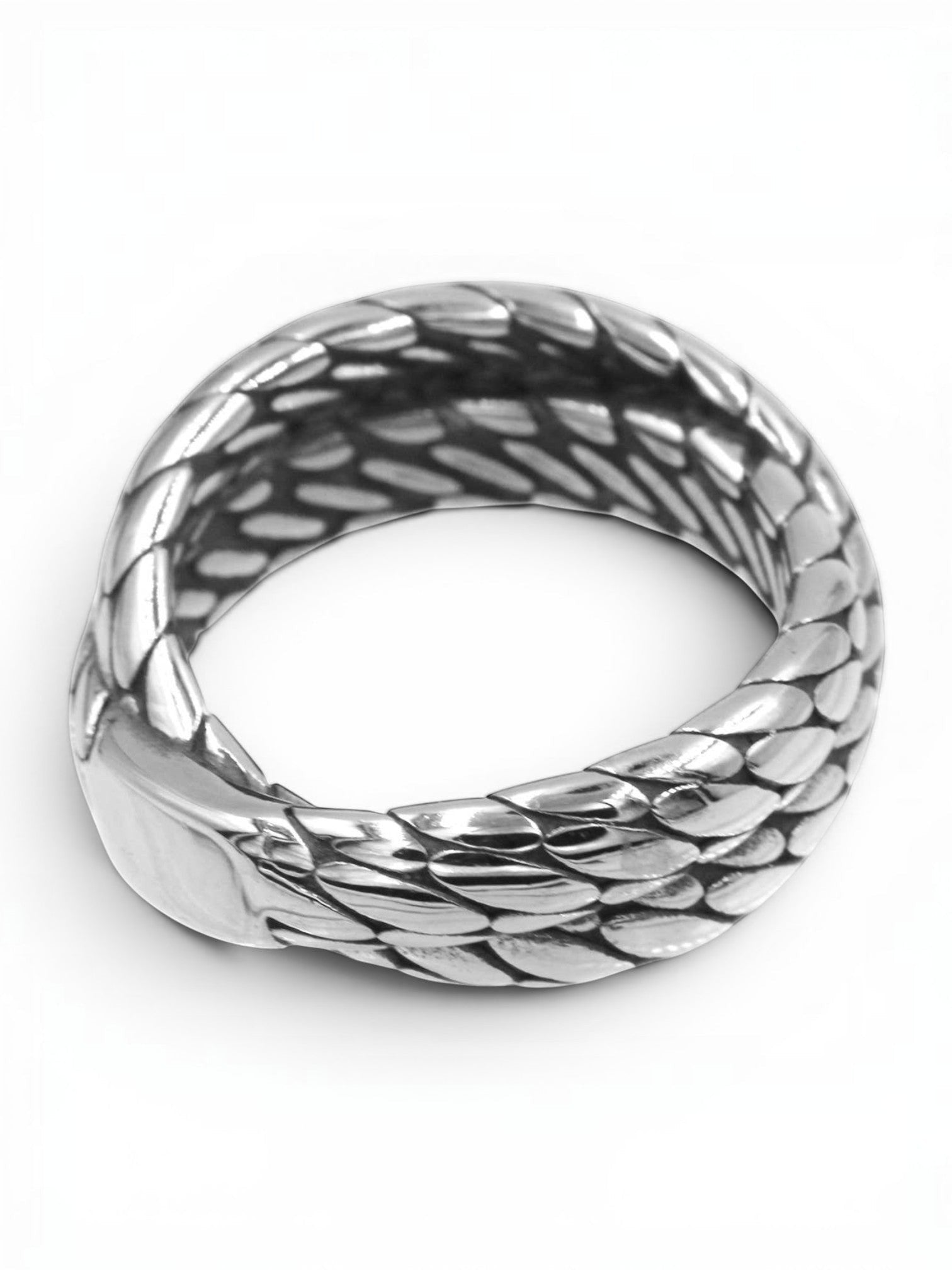 WILDSIDE silver-tone metal band ring featuring a detailed, intricate scale-like rope pattern and polished finish.