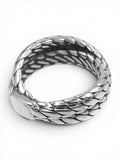 WILDSIDE silver-tone metal ring with an intricate scale-like rope texture and polished finish.