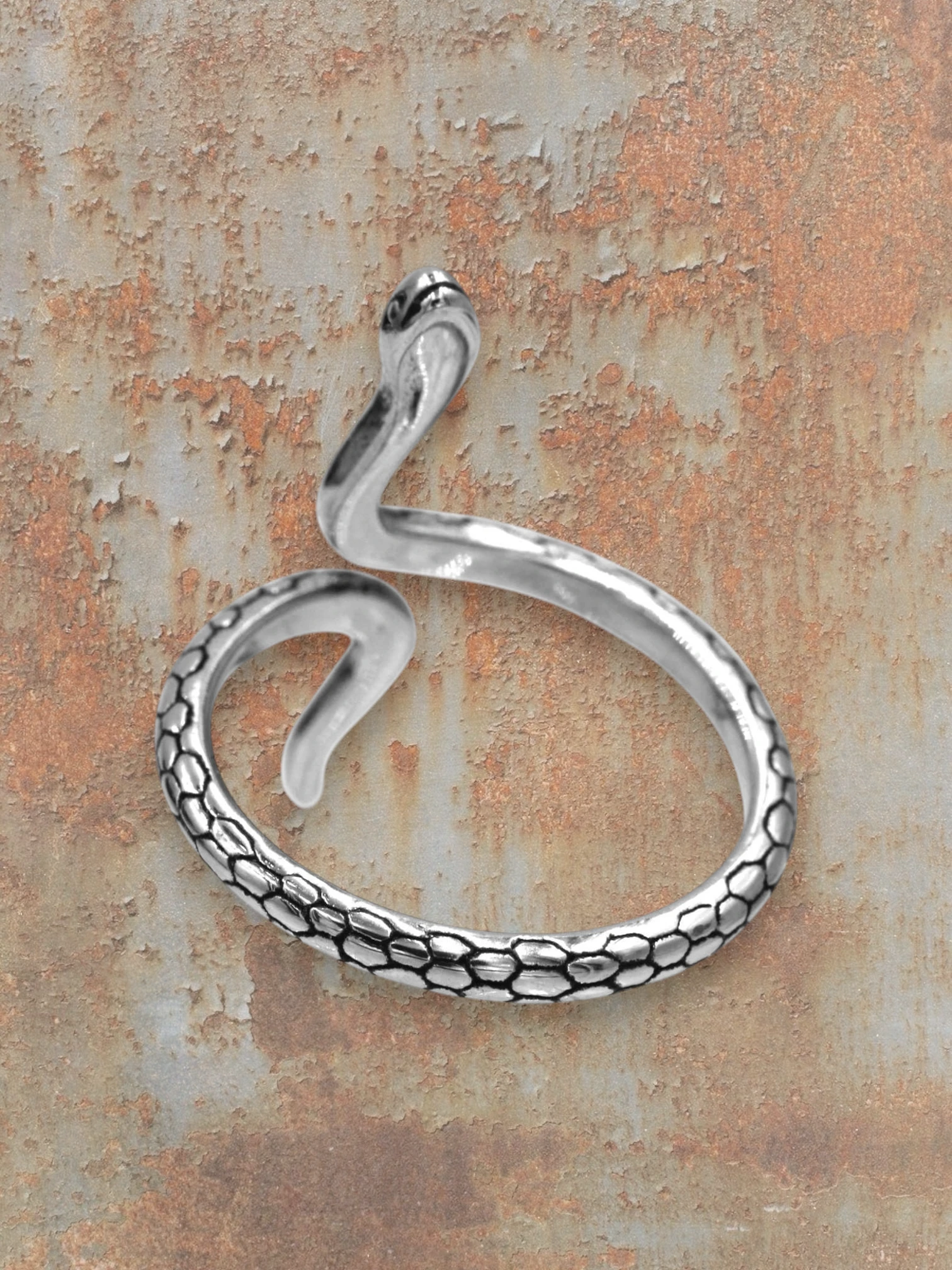 WILDSIDE silver stainless steel snake ring with textured scales and polished finish.