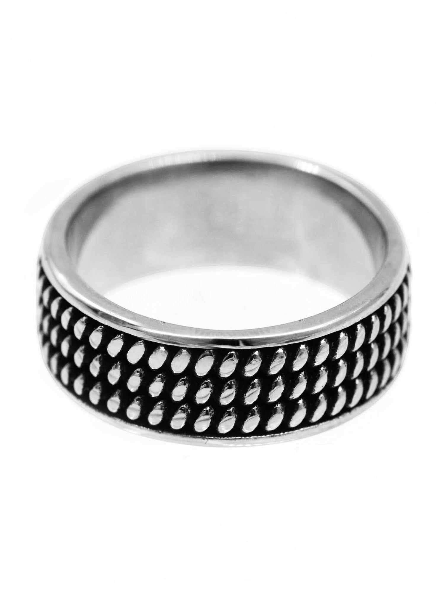 WILDSIDE men's silver-tone band ring featuring a dual-row beaded textured design with a polished finish.