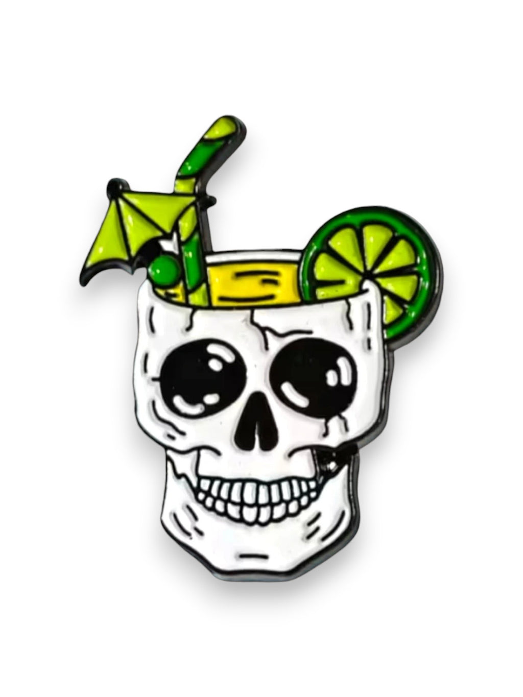 WILDSIDE skull cocktail pin with lime and straw, white enamel with black and green accents.