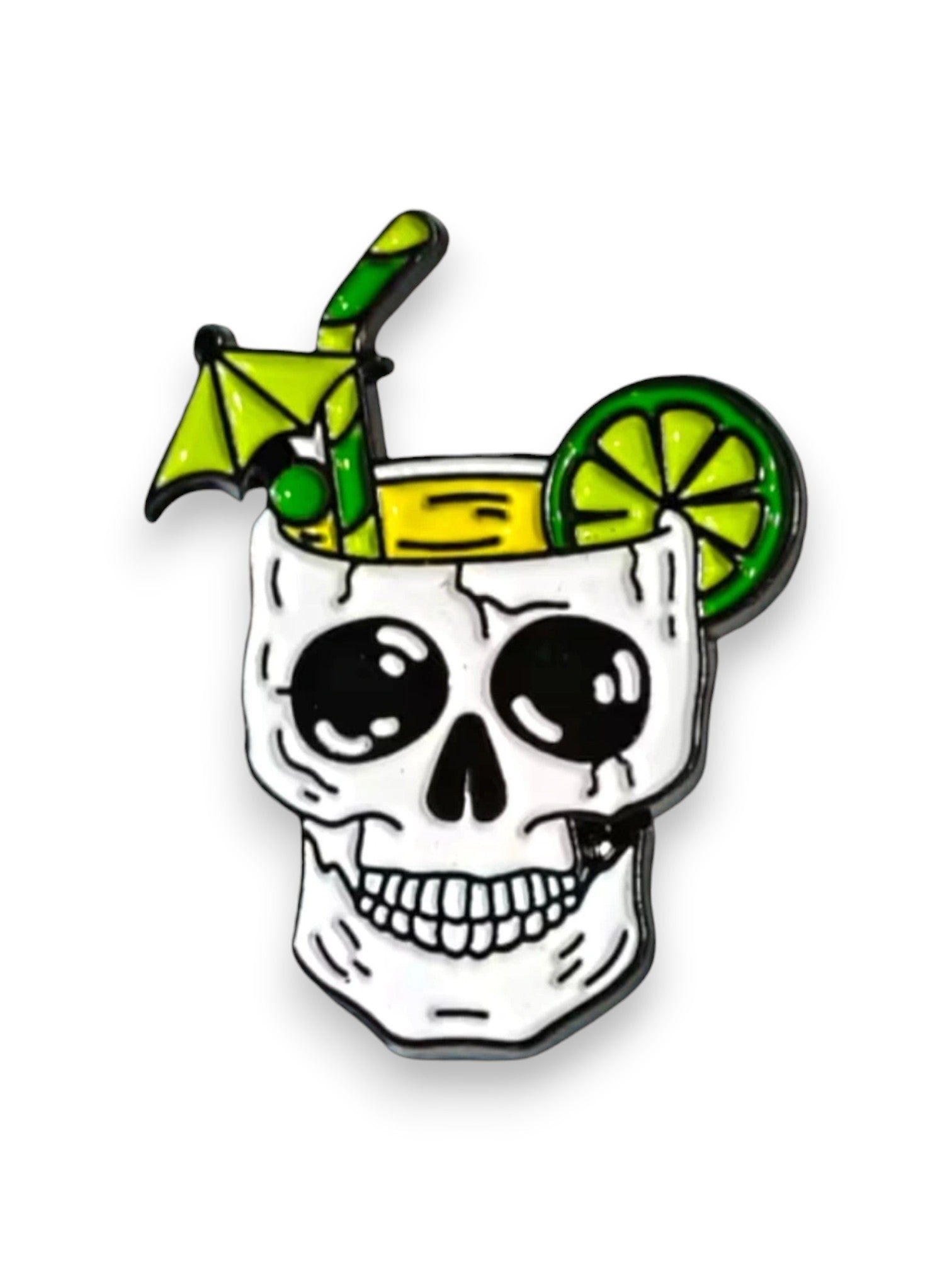WILDSIDE skull cocktail pin with lime and straw, white enamel with black and green accents.