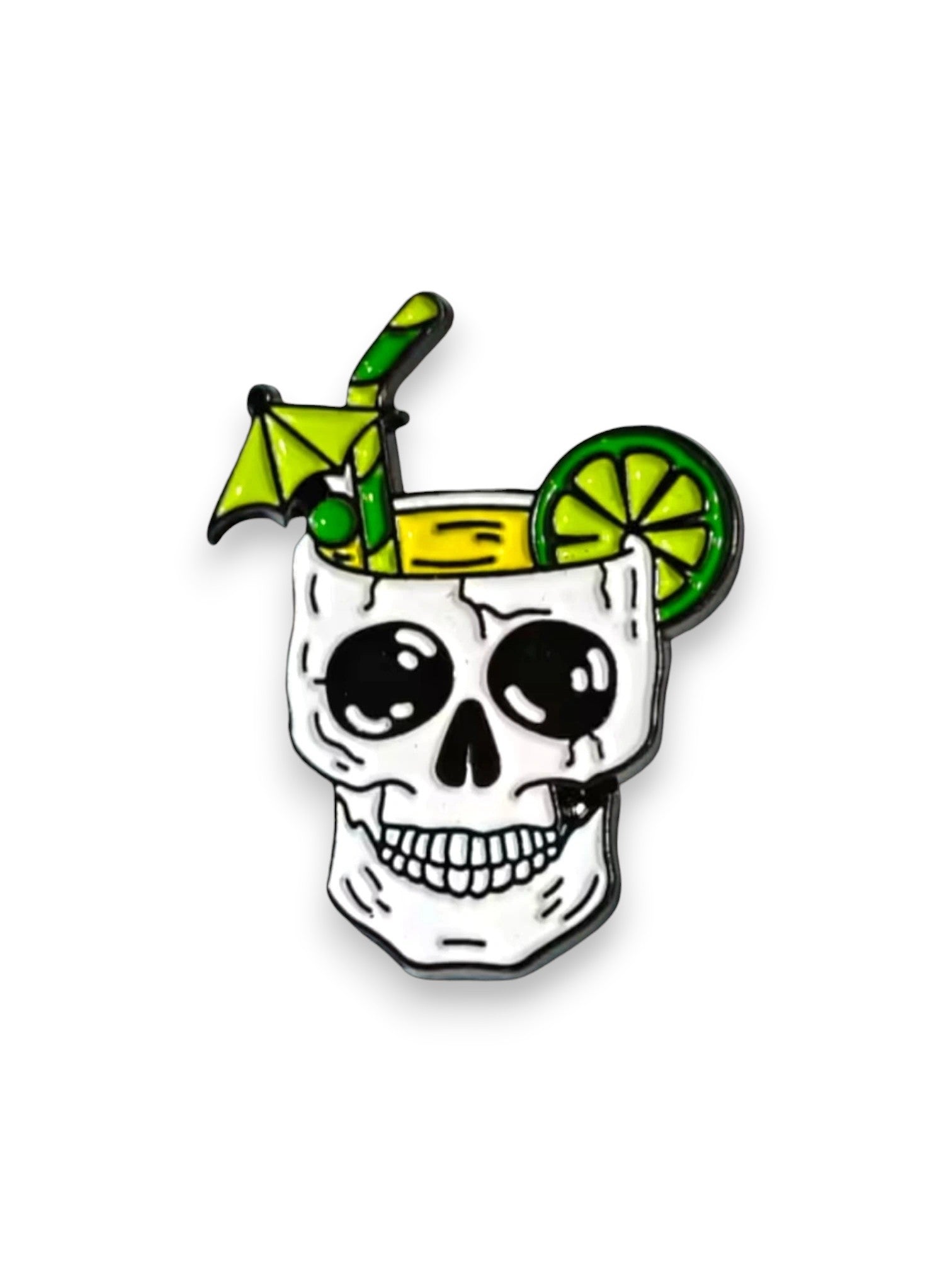 WILDSIDE skull cocktail pin with green lime slice and umbrella, enamel accessory