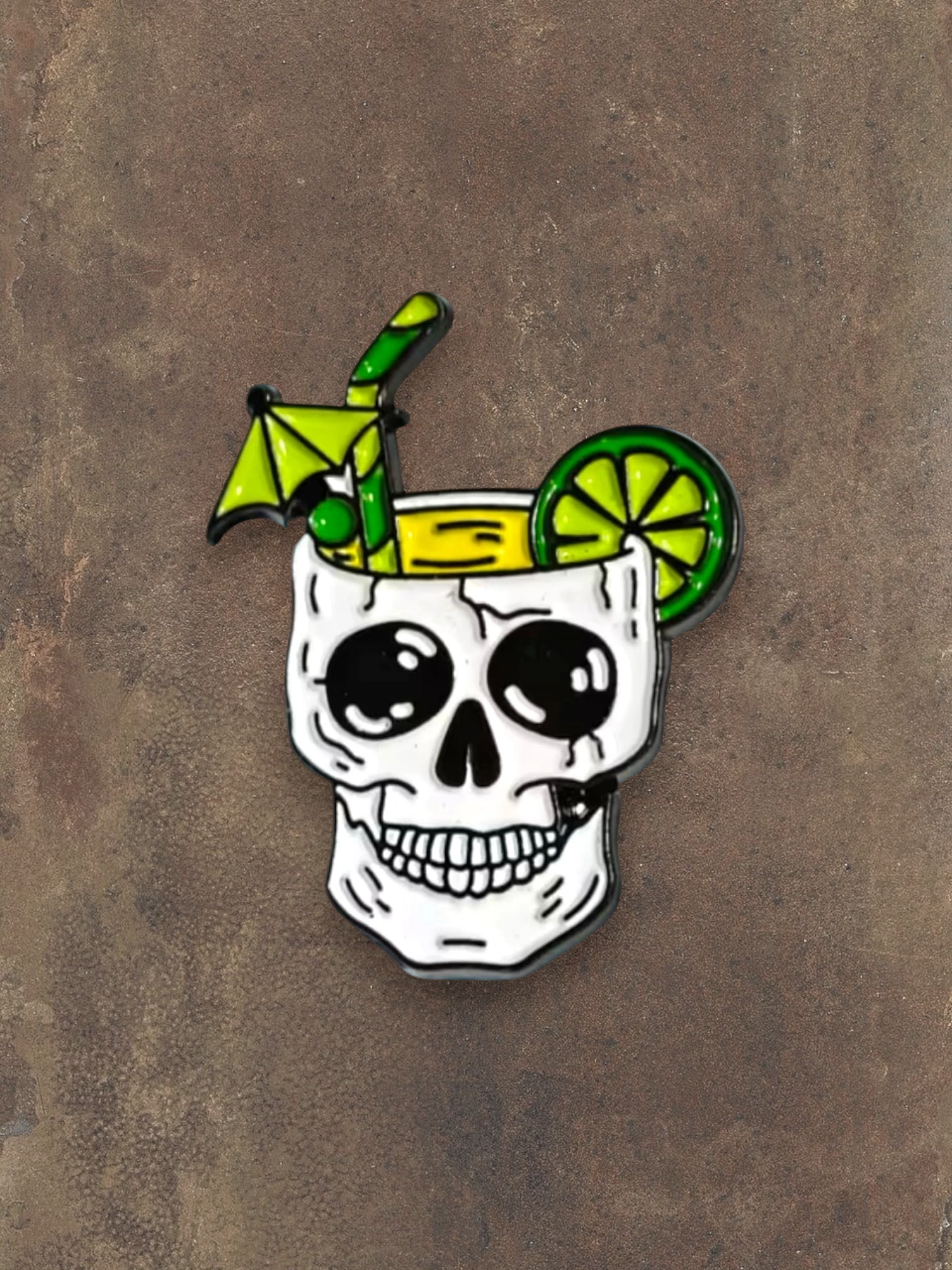 WILDSIDE skull cocktail pin with green lime slice and umbrella, enamel accessory