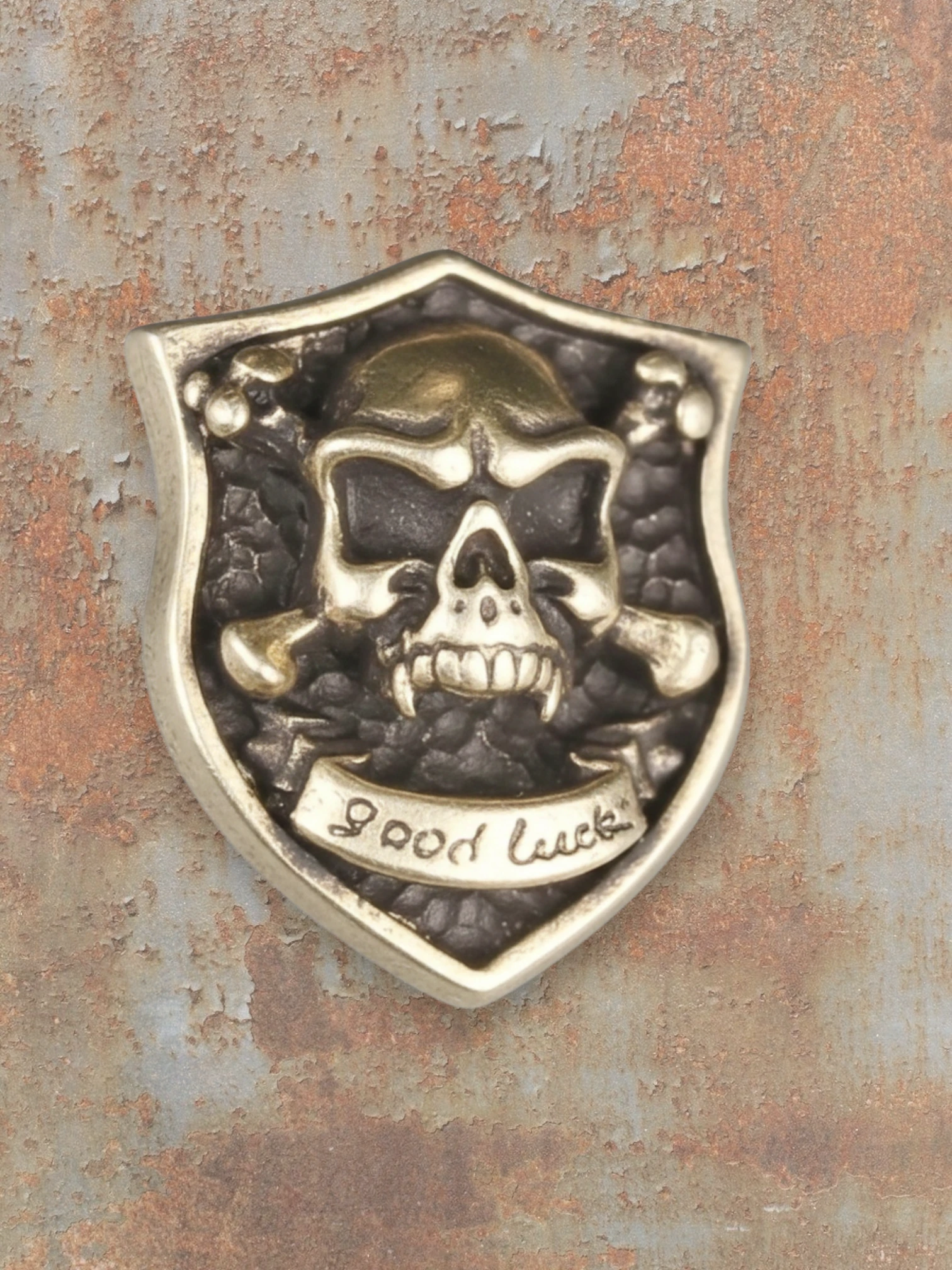 WILDSIDE silver-tone skull and crossbones pin with "good luck" banner, shield shape, edgy accessory.