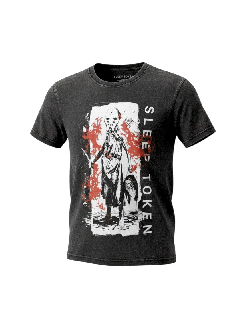 WILDSIDE Sleep Token Euclid design t-shirt in charcoal grey stone wash cotton with red and white graphic print