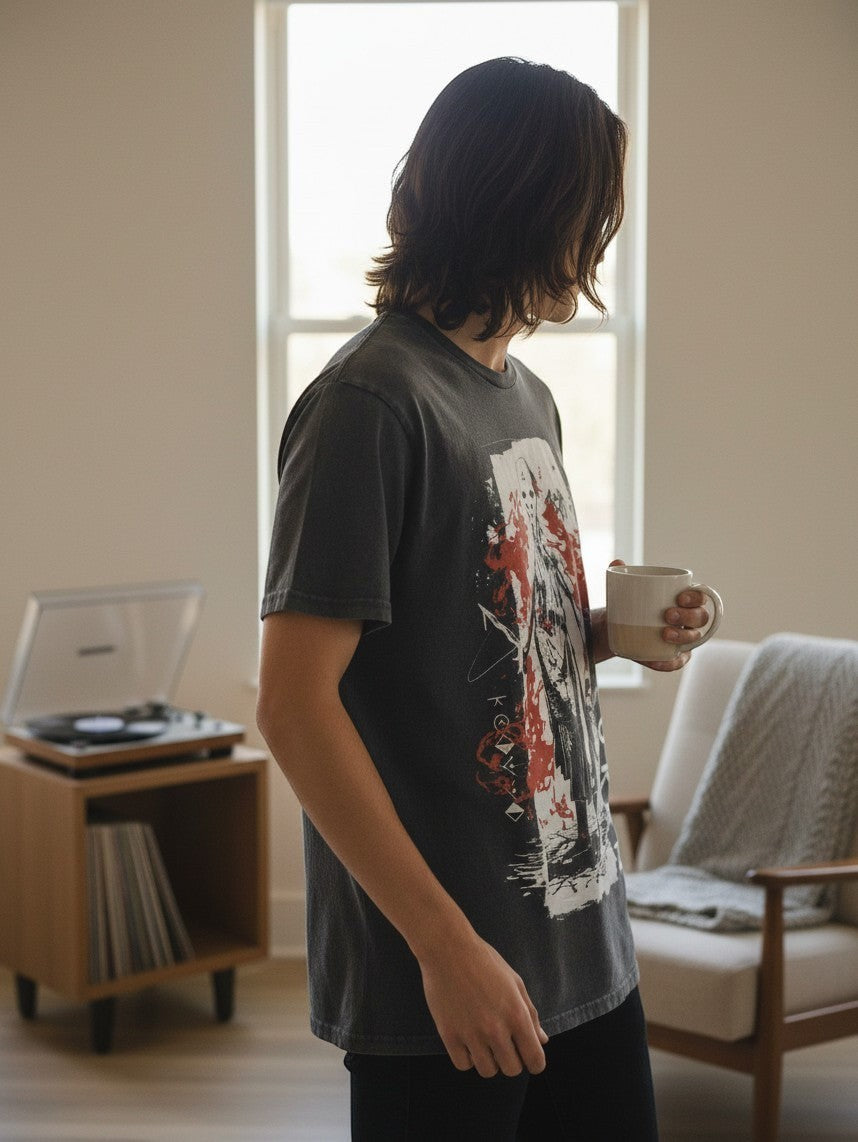 WILDSIDE Sleep Token Euclid stone wash cotton t-shirt with graphic print worn by a person holding a mug