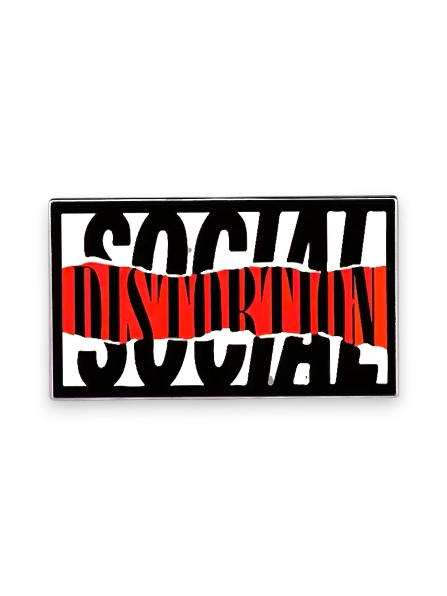 WILDSIDE Social Distortion pin with black and white text over a red distressed stripe.