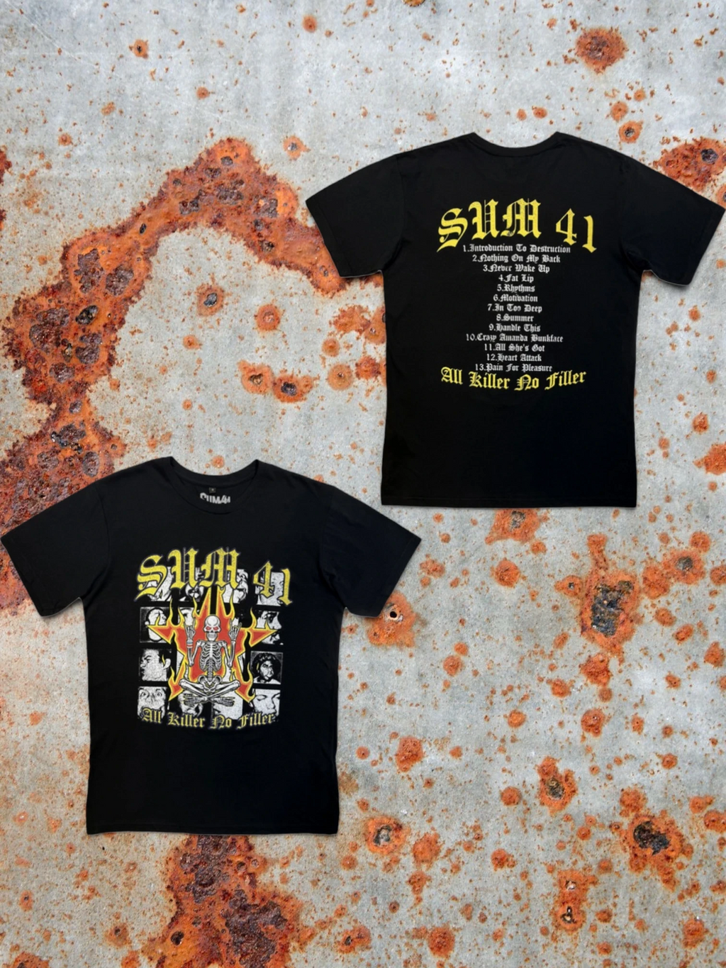 WILDSIDE Sum 41 black cotton t-shirt with All Killer No Filler front graphic and yellow tracklist back print