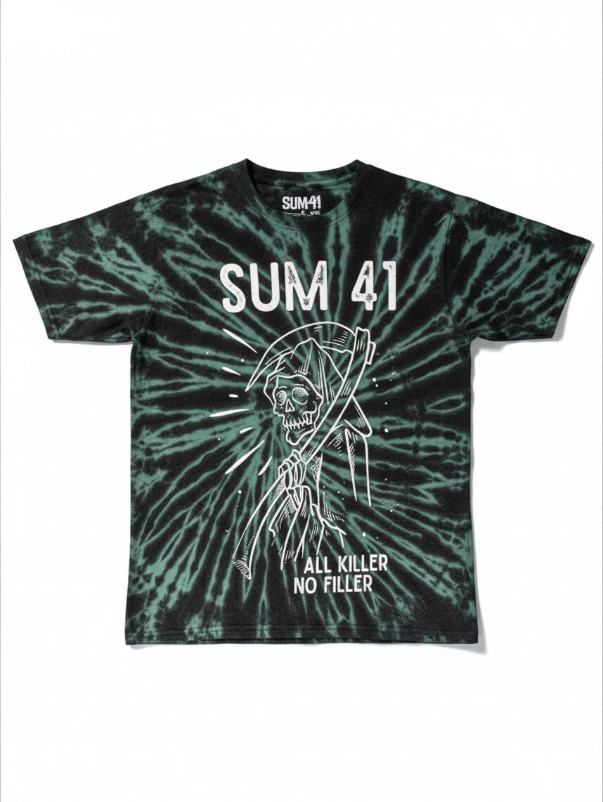 WILDSIDE Sum 41 unisex green tie-dye T-shirt with white Reaper graphic print and crew neck from the Wash Collection.
