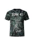 WILDSIDE Sum 41 unisex green dye wash T-shirt with Reaper graphic print and crew neck, made from recycled materials.