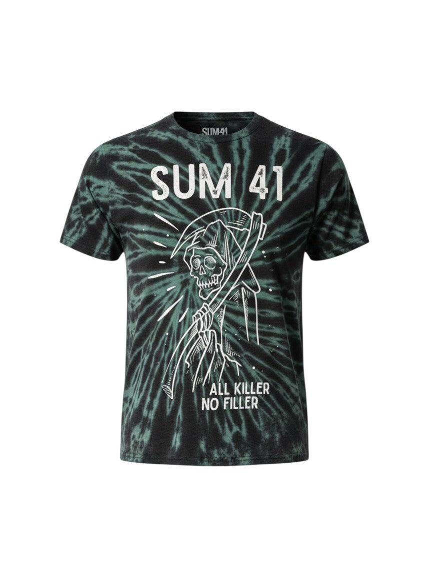 WILDSIDE Sum 41 unisex green dye wash T-shirt with Reaper graphic print and crew neck, made from recycled materials.
