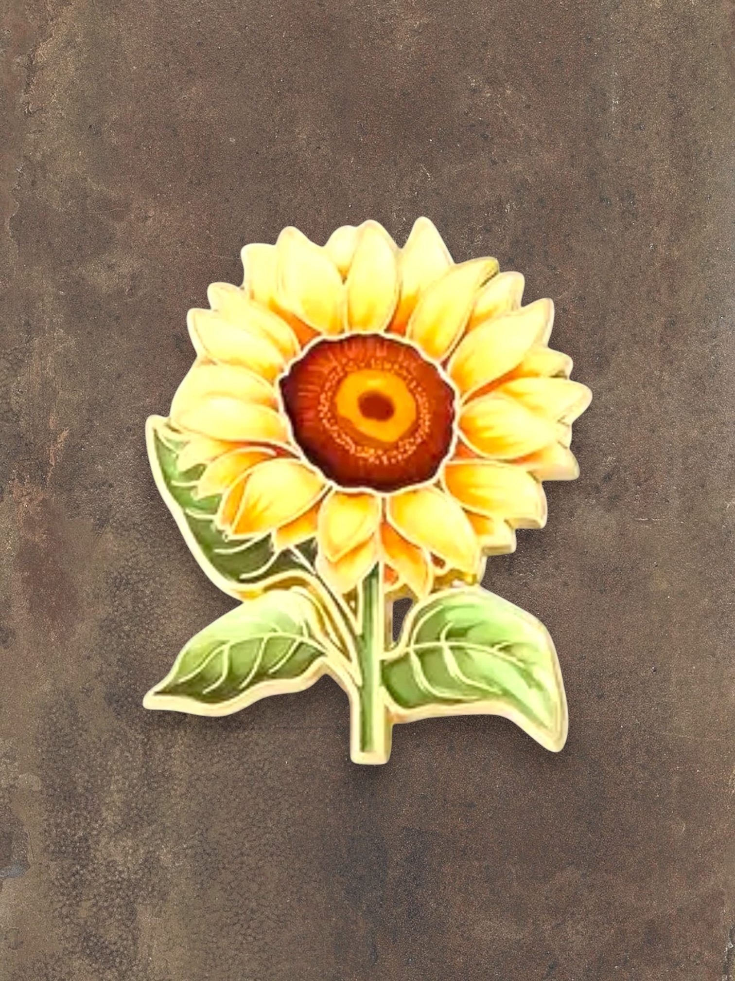 WILDSIDE enamel sunflower pin with yellow petals and green leaves, perfect for jackets and bags.