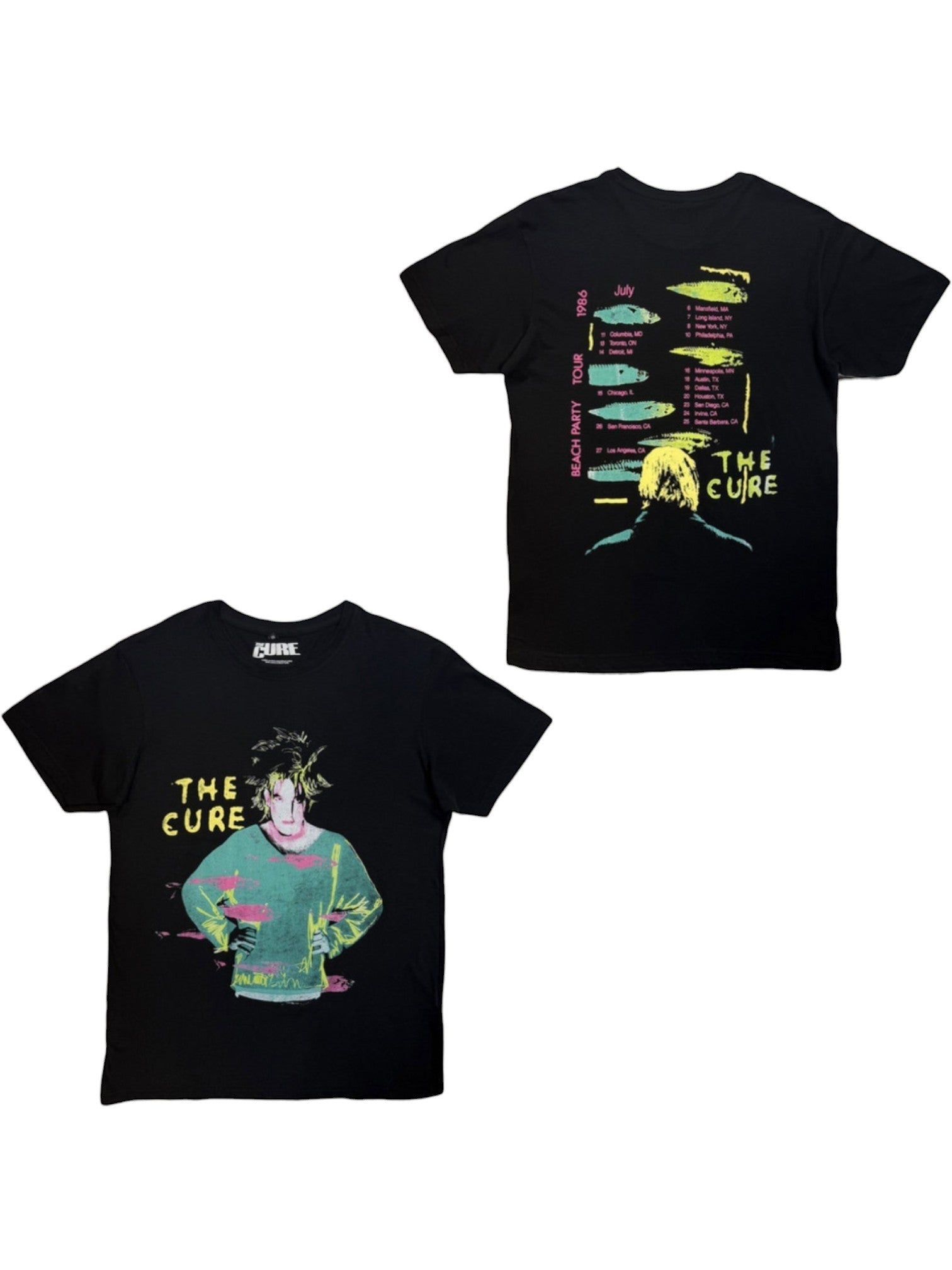 WILDSIDE The Cure Beach Party Tour 86 black cotton t-shirt with front and back graphic prints on a rustic background.