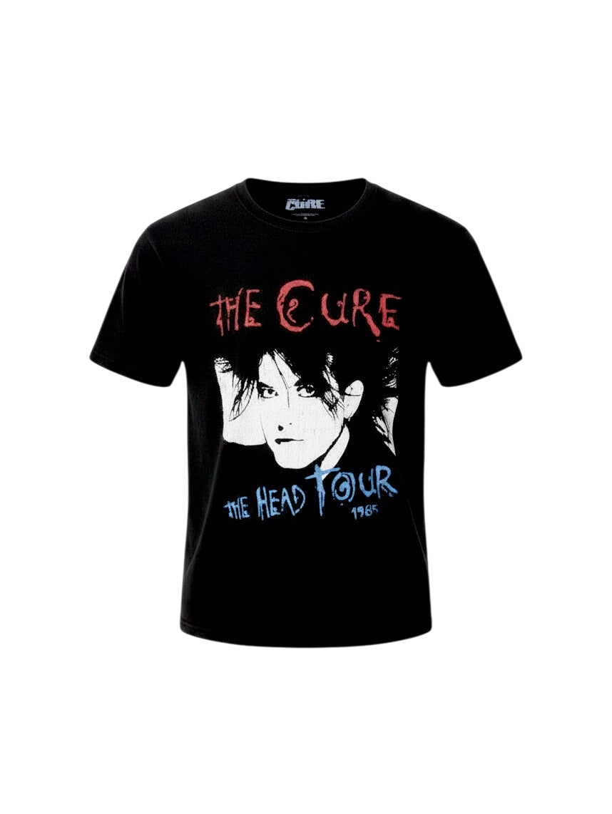 WILDSIDE The Cure black cotton t-shirt with The Head Tour 85 graphic print on the front and crew neck design.