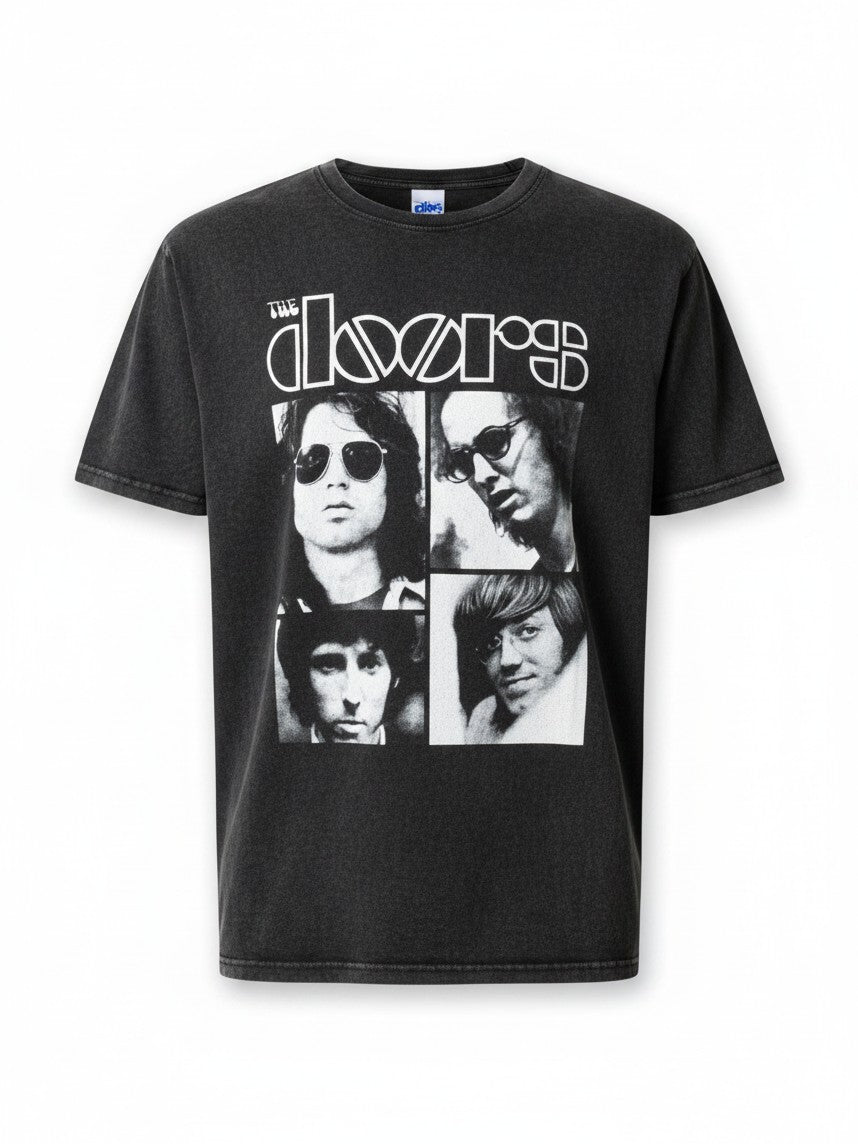 WILDSIDE The Doors stone wash cotton t-shirt featuring a retro squares band photo print in black and grey.