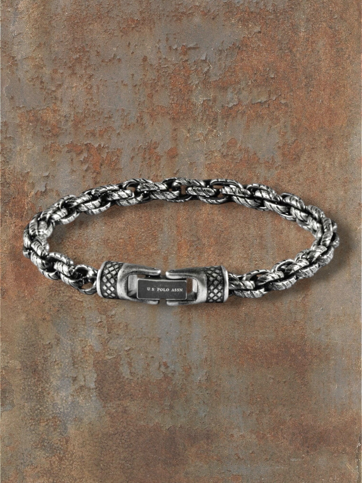 WILDSIDE U.S. Polo Assn. dark silver stainless steel chain bracelet with interlocking clasp and logo detail