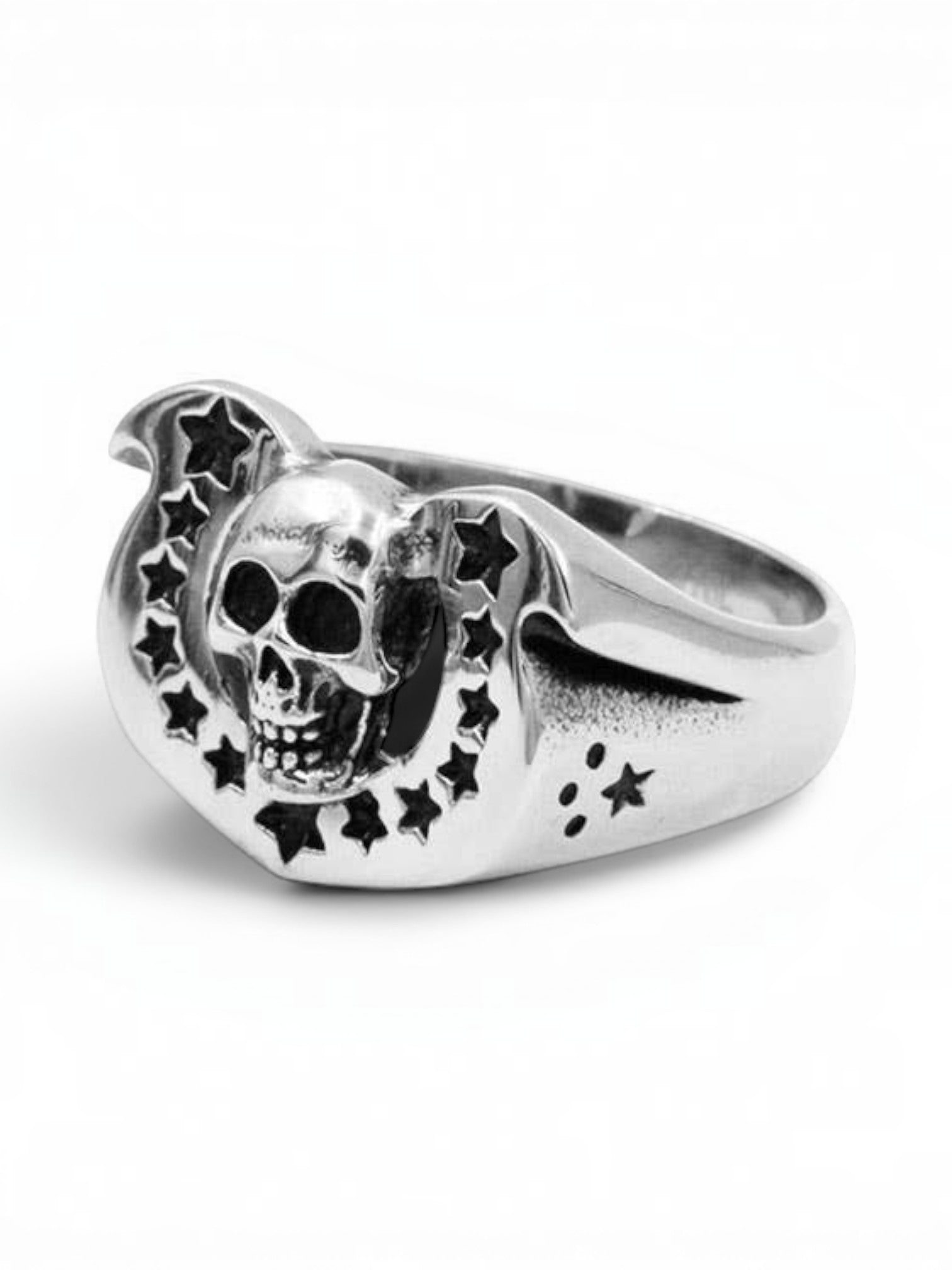 WILDSIDE sterling silver Western skull ring featuring a horseshoe arch with star cutouts and a polished finish.