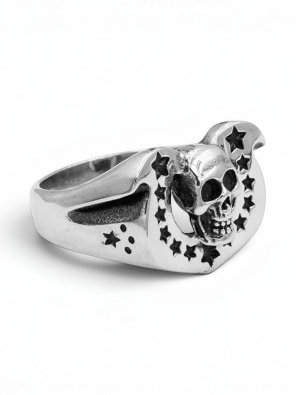 WILDSIDE sterling silver Western skull ring featuring a horseshoe arch with star cutouts and polished finish.