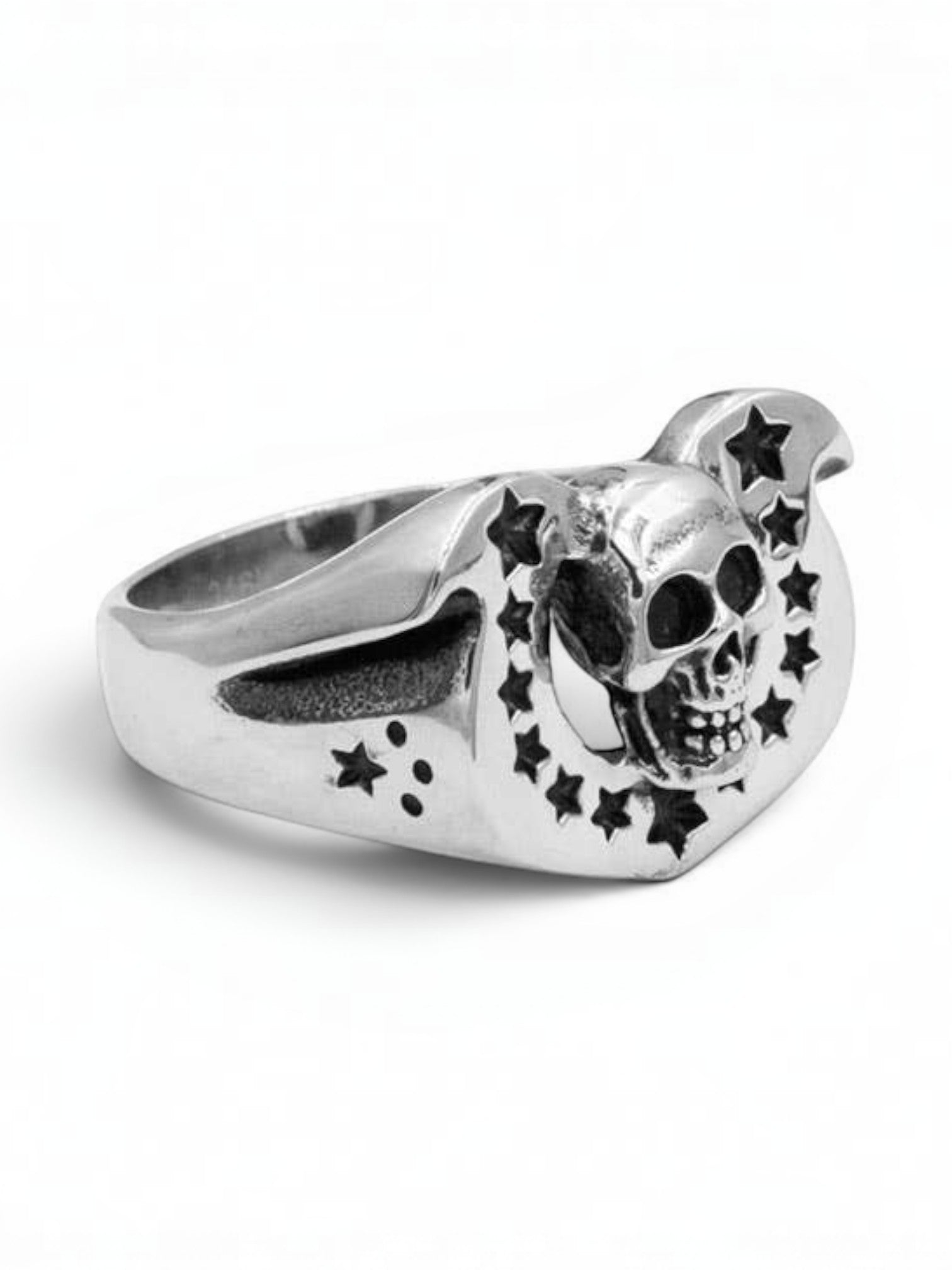 WILDSIDE sterling silver Western skull ring featuring a horseshoe arch with star cutouts and polished finish.