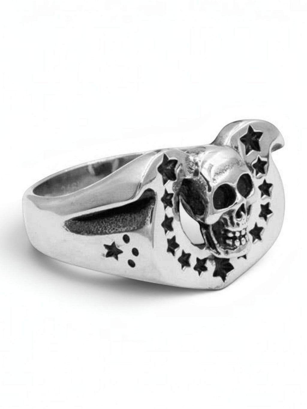WILDSIDE sterling silver Western skull ring featuring a horseshoe arch with star cutouts and polished finish.