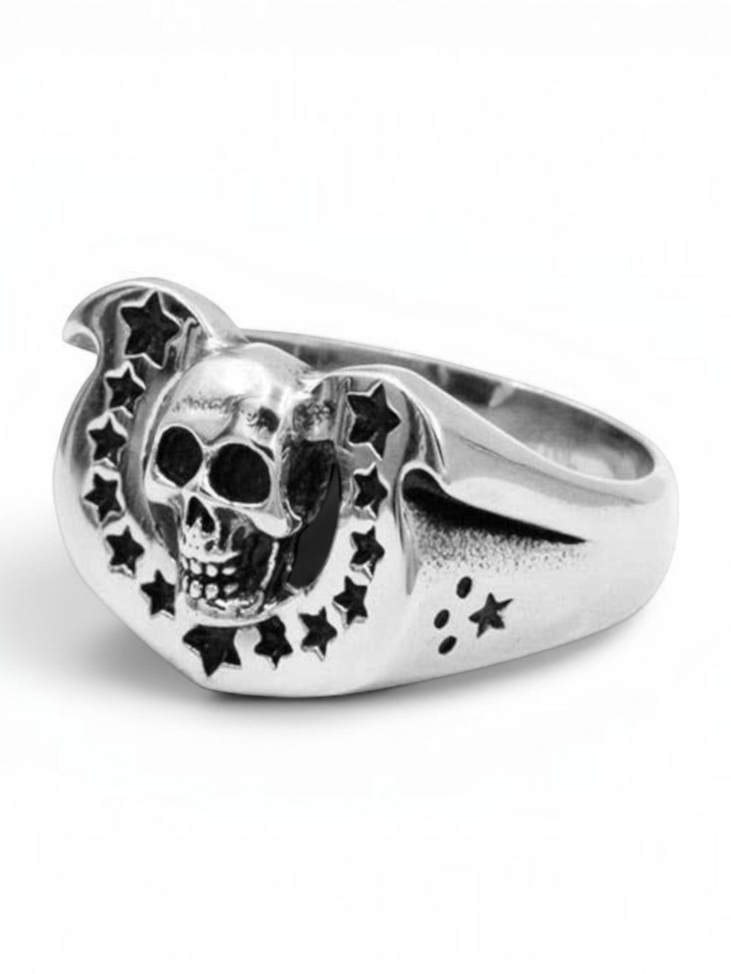 WILDSIDE sterling silver Western skull ring featuring a horseshoe arch with star cutouts and a polished finish.