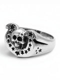 WILDSIDE sterling silver Western skull ring featuring a horseshoe arch with star cutouts and a polished finish.