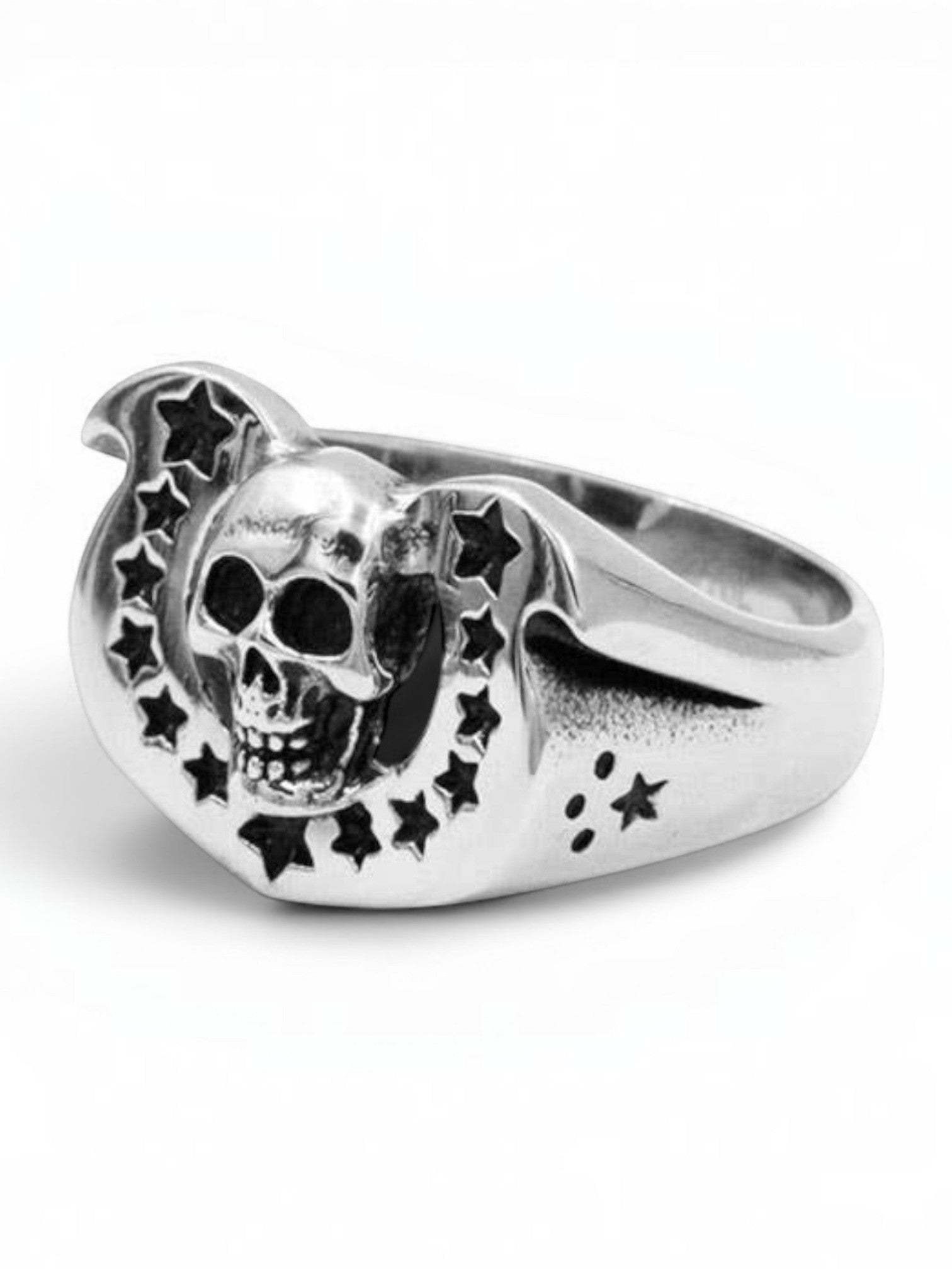 WILDSIDE sterling silver Western skull ring featuring a horseshoe arch with star cutouts and a polished finish.