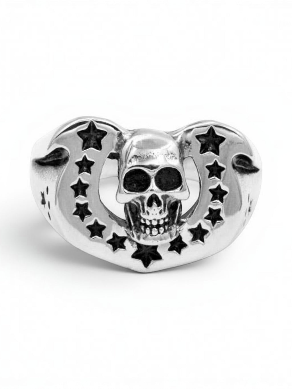 WILDSIDE sterling silver ring featuring a detailed skull emblem framed by a horseshoe arch with star cutouts.
