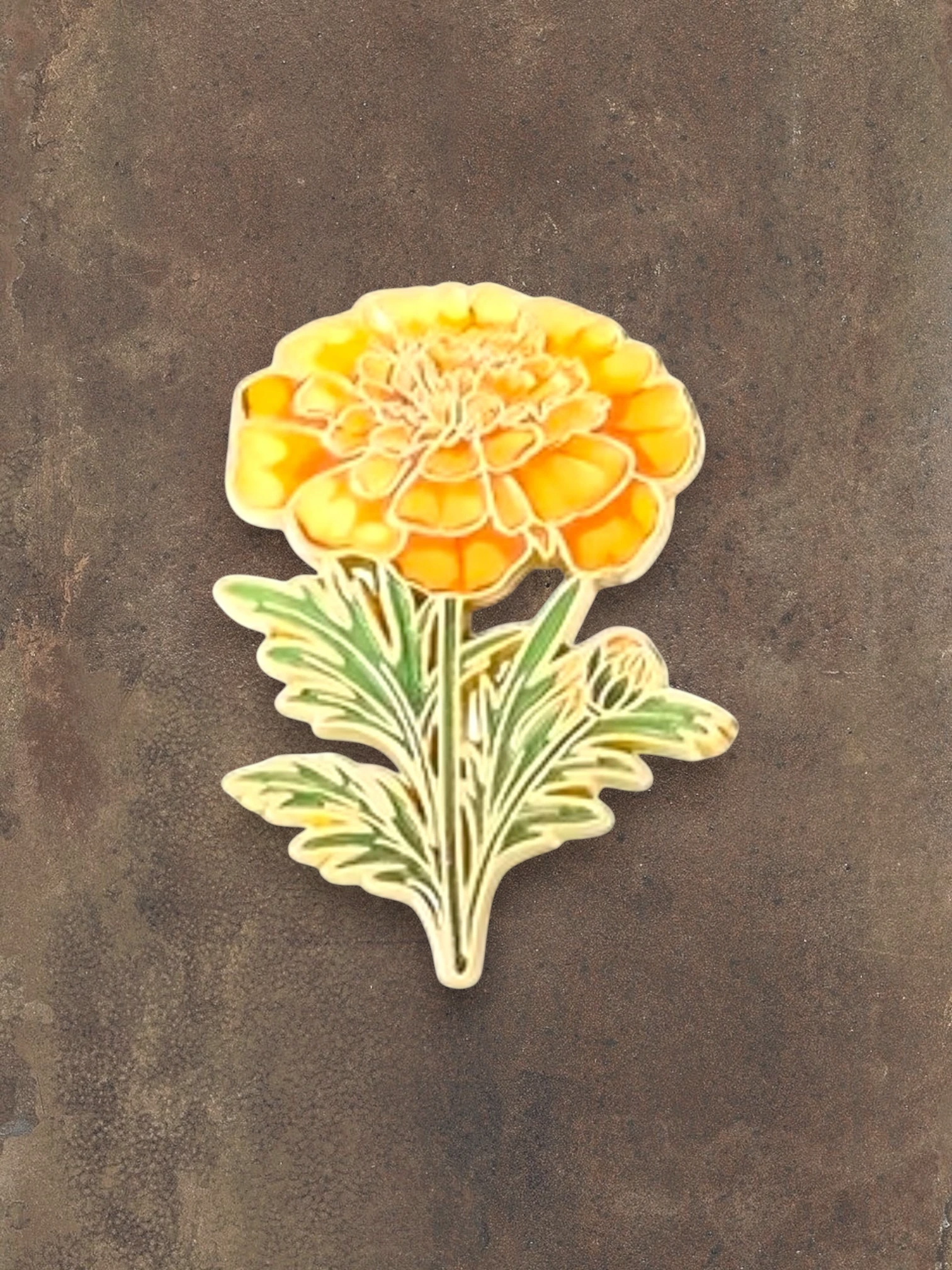 WILDSIDE yellow marigold flower pin with green leaves, enamel design.