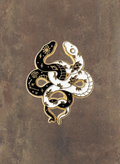 WILDSIDE yin yang snakes pin, black and white enamel with gold trim, celestial and floral details.